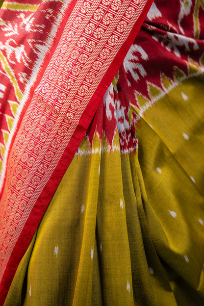 Olive Green Red Elephant Motif Khandua Silk Saree