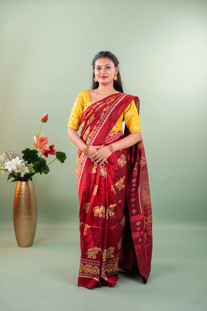 Crimson Red Yellow Elephant Khandua Silk Saree