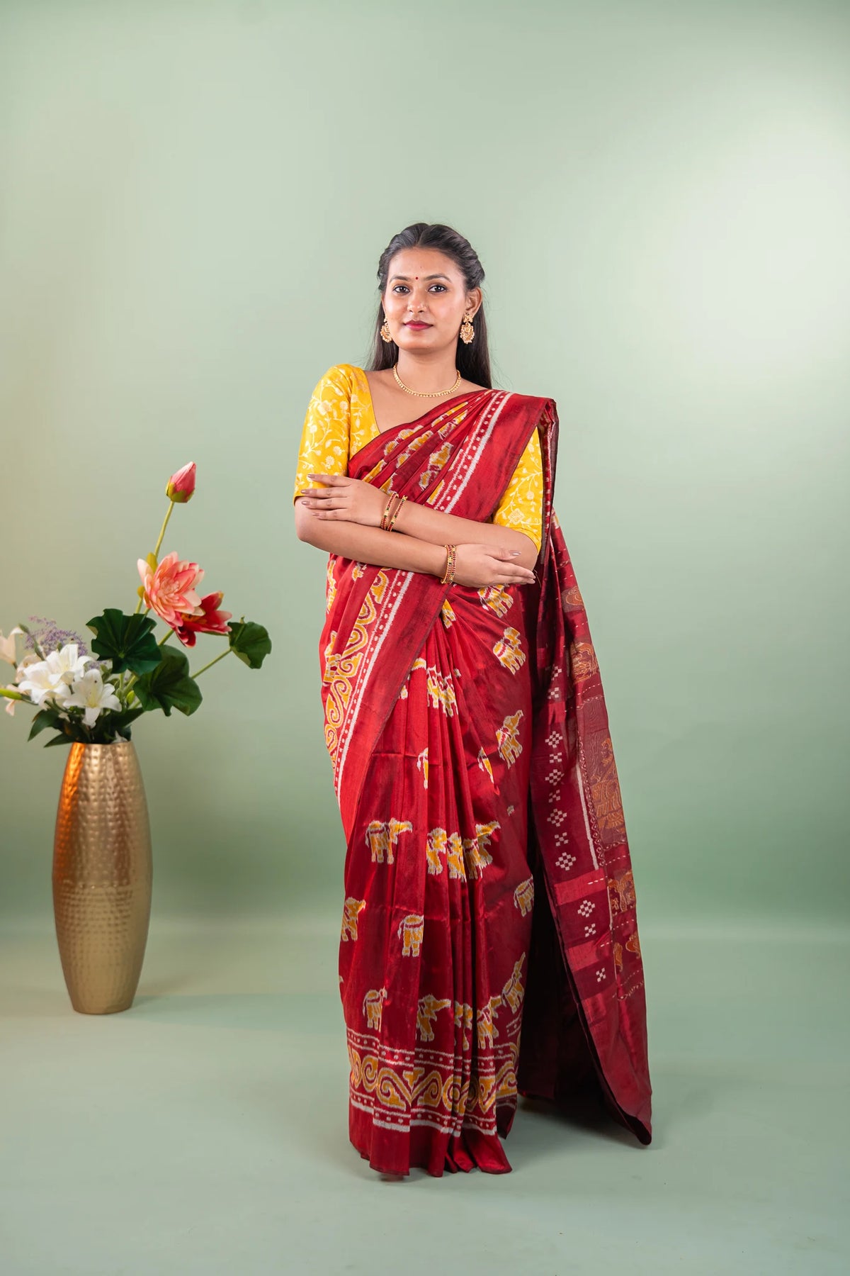 Crimson Red Yellow Elephant Khandua Silk Saree