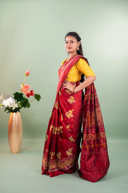 Crimson Red Yellow Elephant Khandua Silk Saree