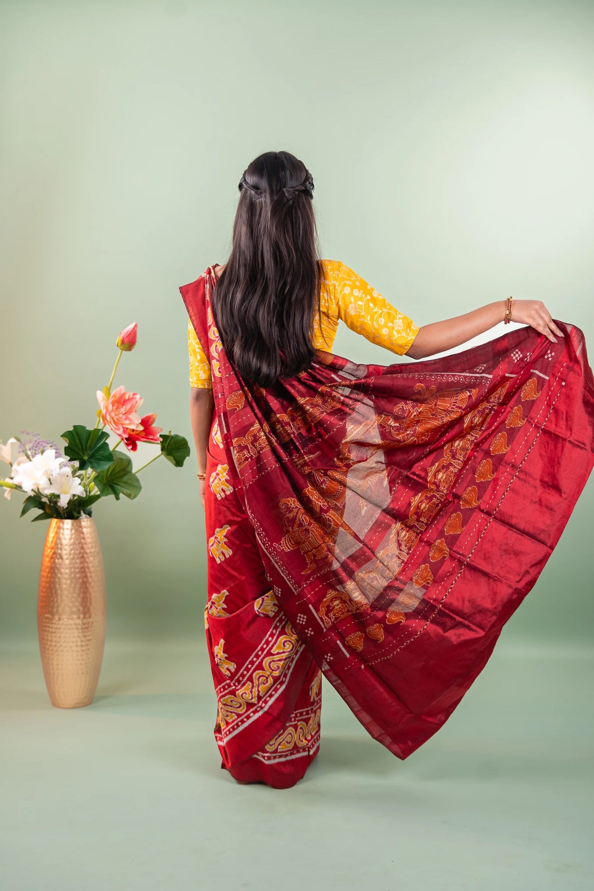 Crimson Red Yellow Elephant Khandua Silk Saree