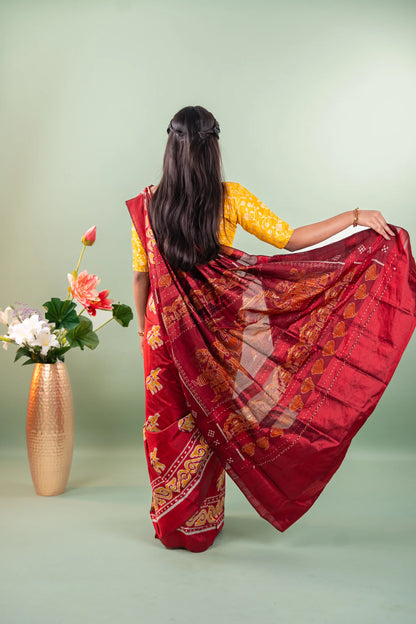Crimson Red Yellow Elephant Khandua Silk Saree