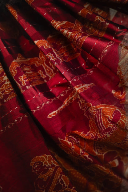 Crimson Red Yellow Elephant Khandua Silk Saree