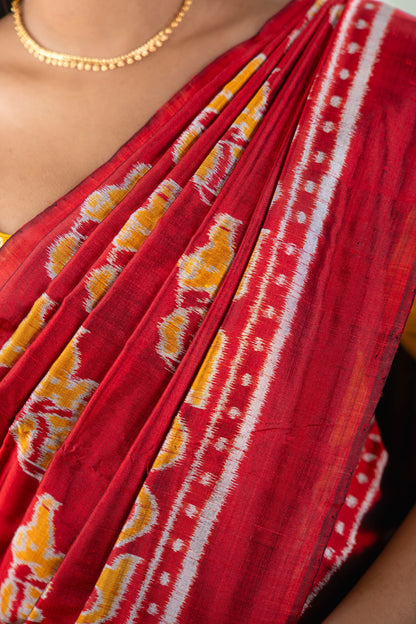 Crimson Red Yellow Elephant Khandua Silk Saree