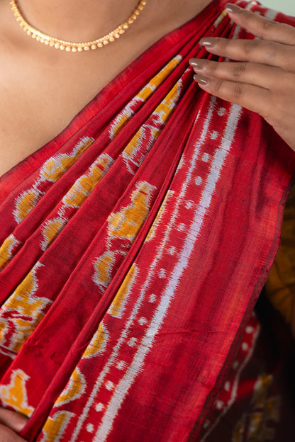 Crimson Red Yellow Elephant Khandua Silk Saree