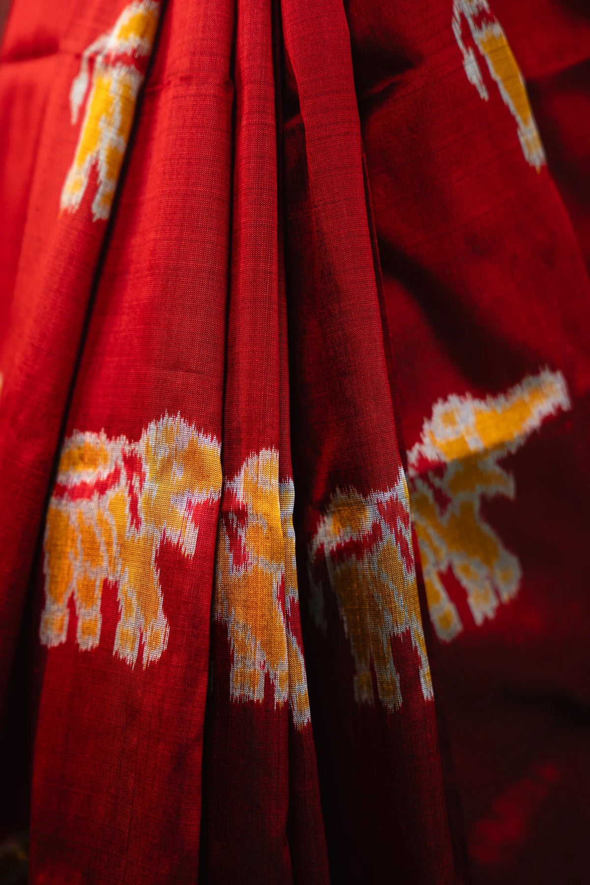 Crimson Red Yellow Elephant Khandua Silk Saree