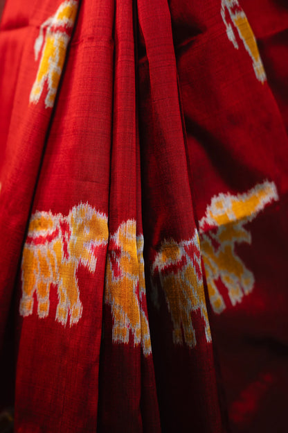 Crimson Red Yellow Elephant Khandua Silk Saree