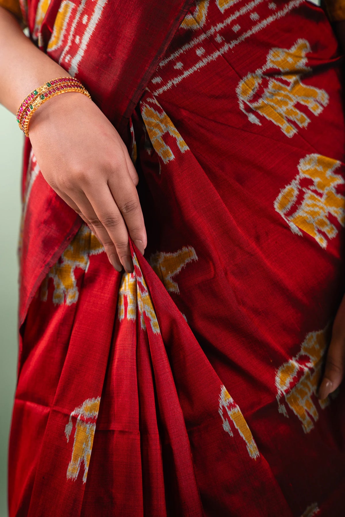 Crimson Red Yellow Elephant Khandua Silk Saree