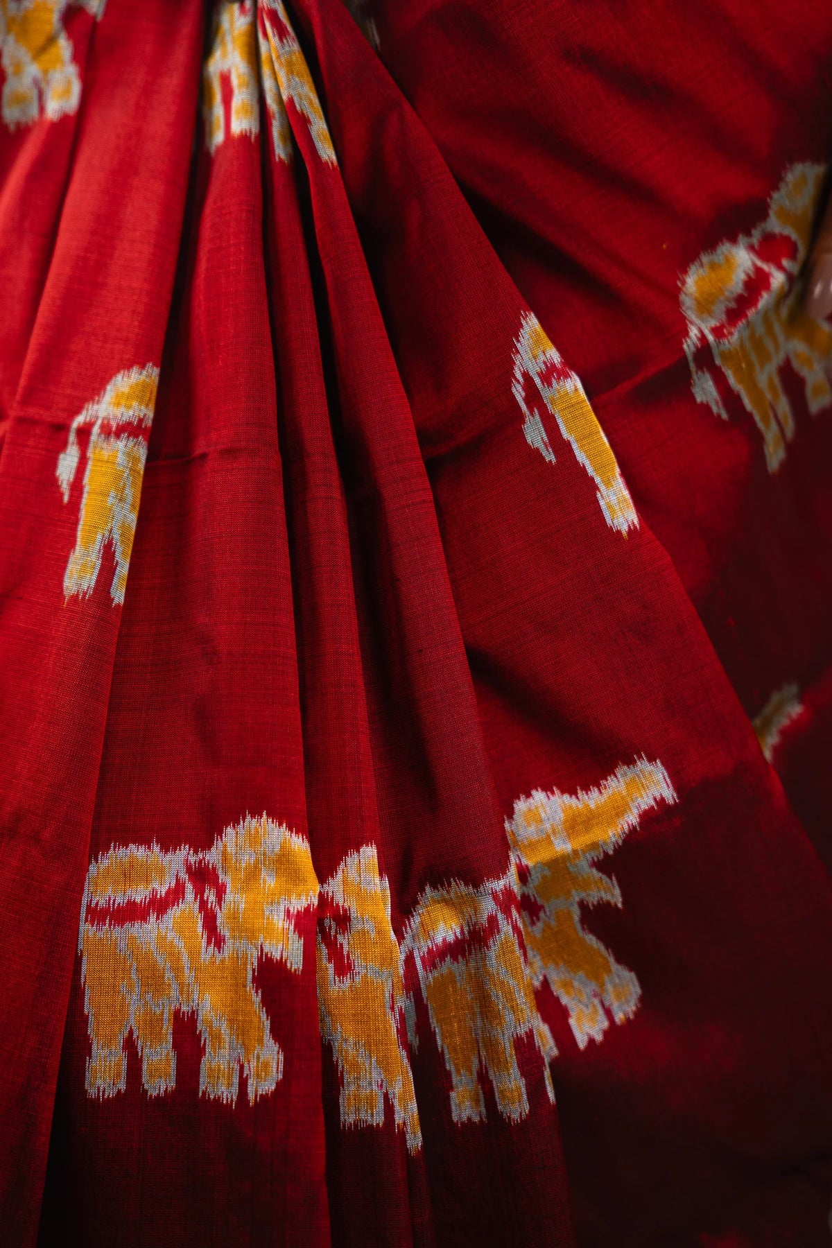 Crimson Red Yellow Elephant Khandua Silk Saree