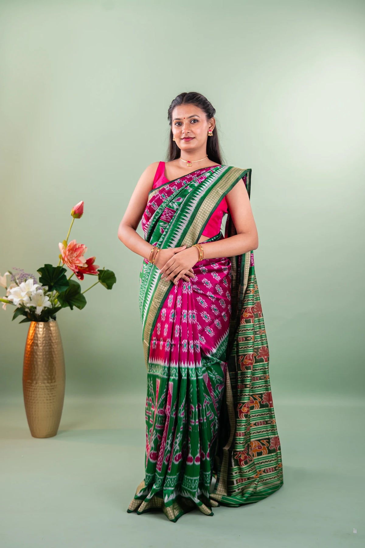 Magenta Emerald Temple Border Khandua Silk Saree