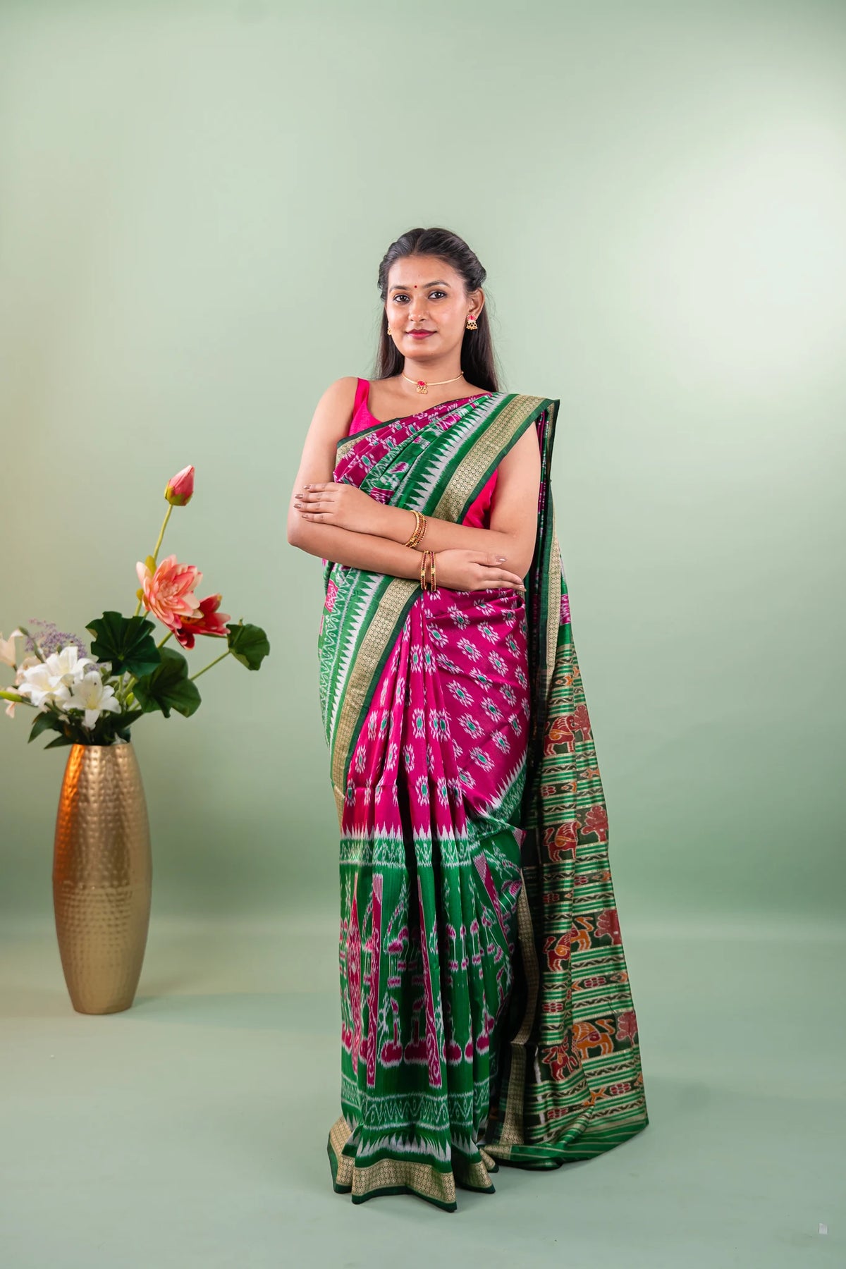 Magenta Emerald Temple Border Khandua Silk Saree