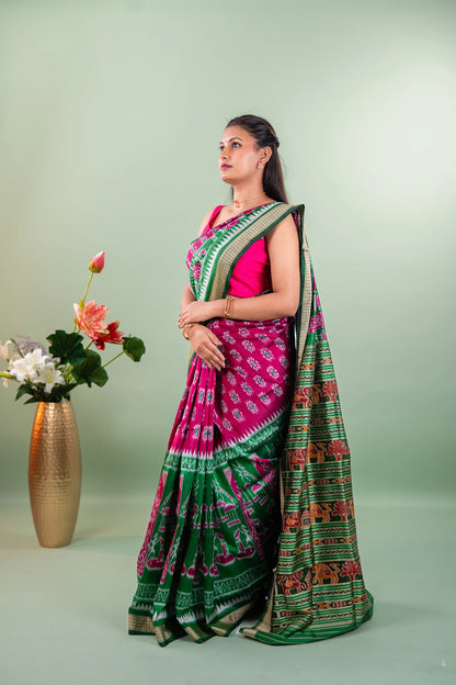 Magenta Emerald Temple Border Khandua Silk Saree