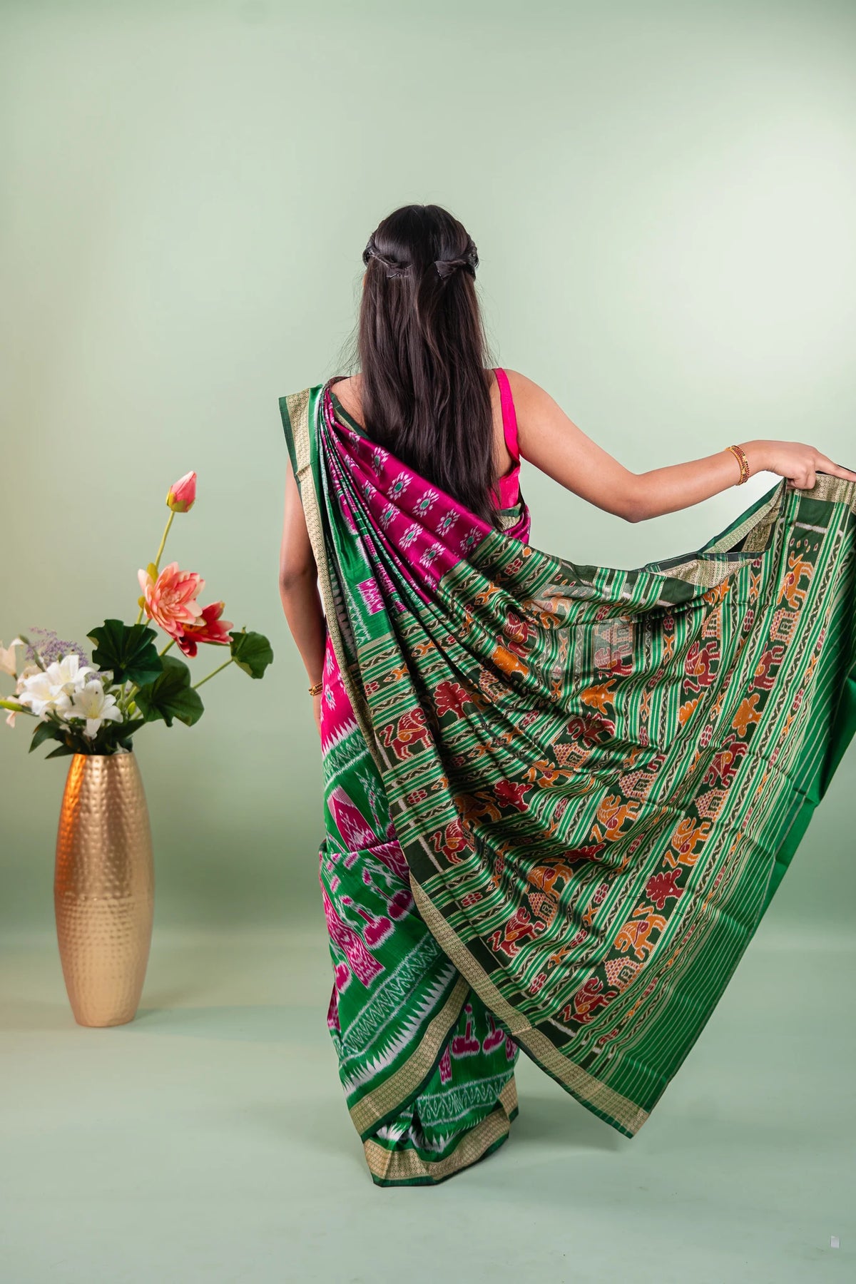 Magenta Emerald Temple Border Khandua Silk Saree