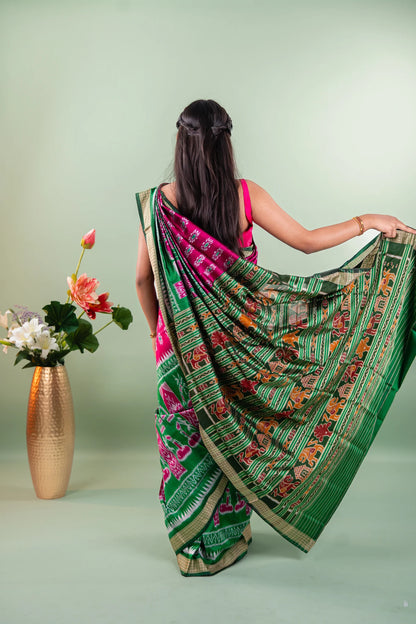 Magenta Emerald Temple Border Khandua Silk Saree