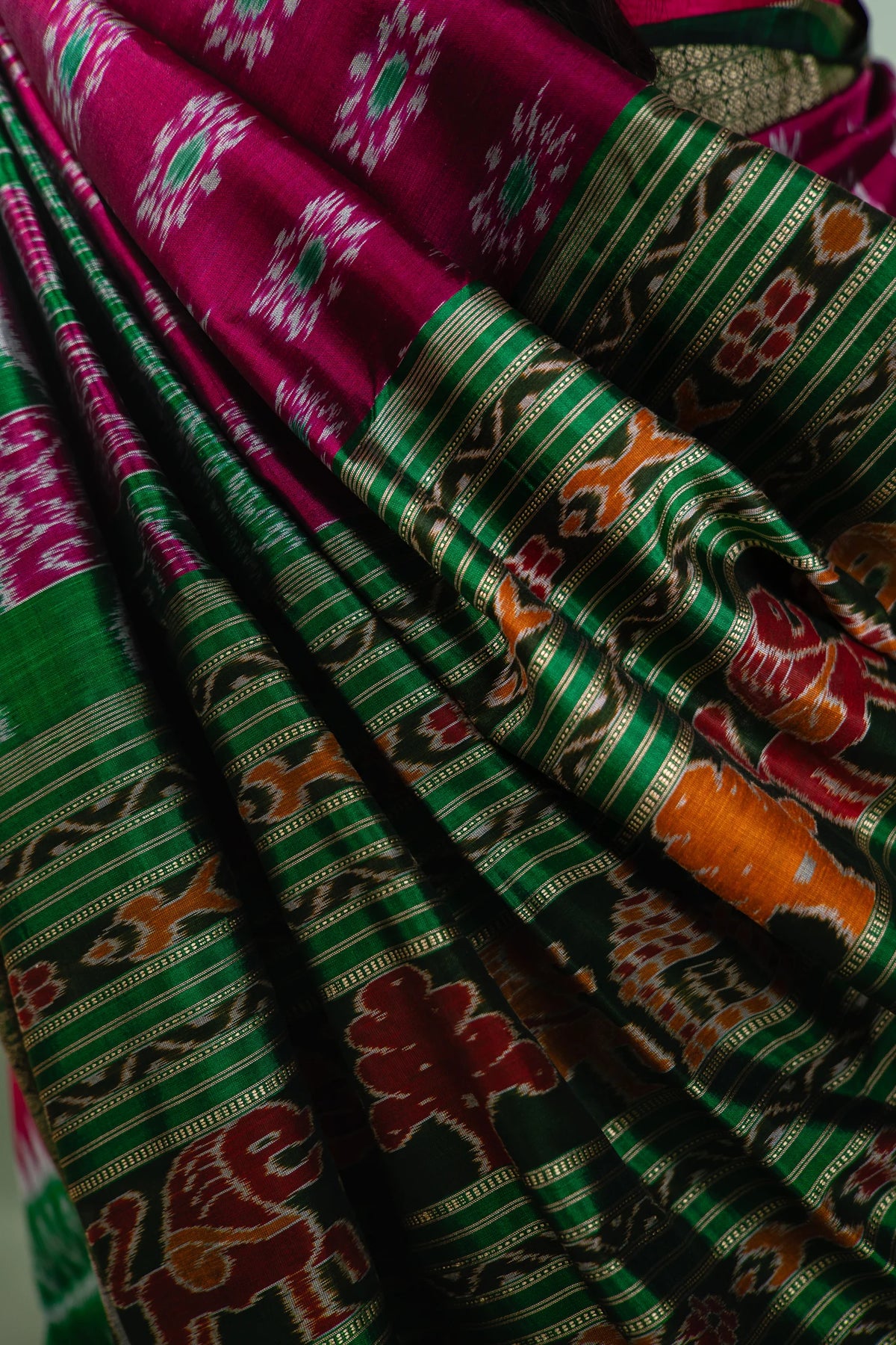 Magenta Emerald Temple Border Khandua Silk Saree