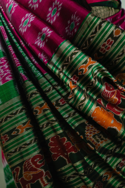 Magenta Emerald Temple Border Khandua Silk Saree