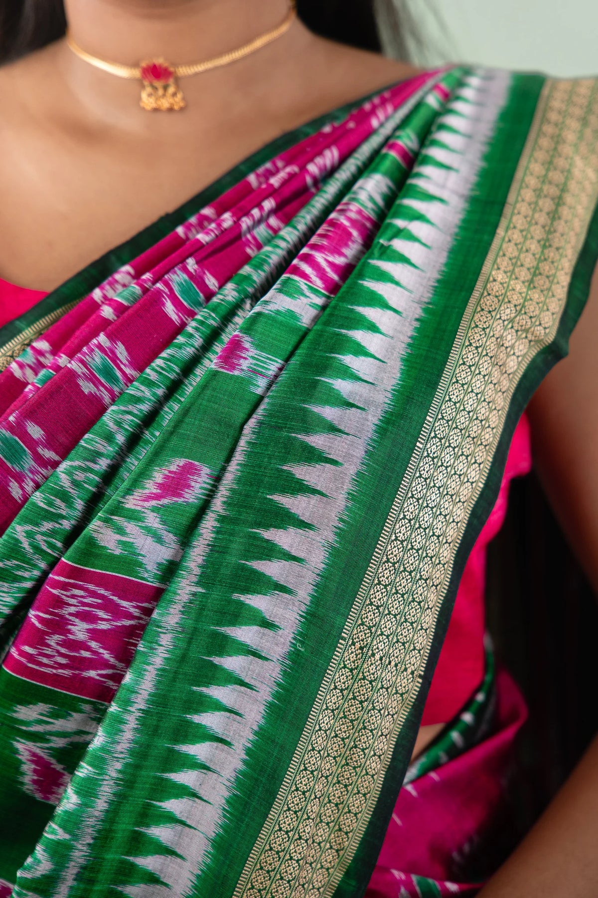 Magenta Emerald Temple Border Khandua Silk Saree