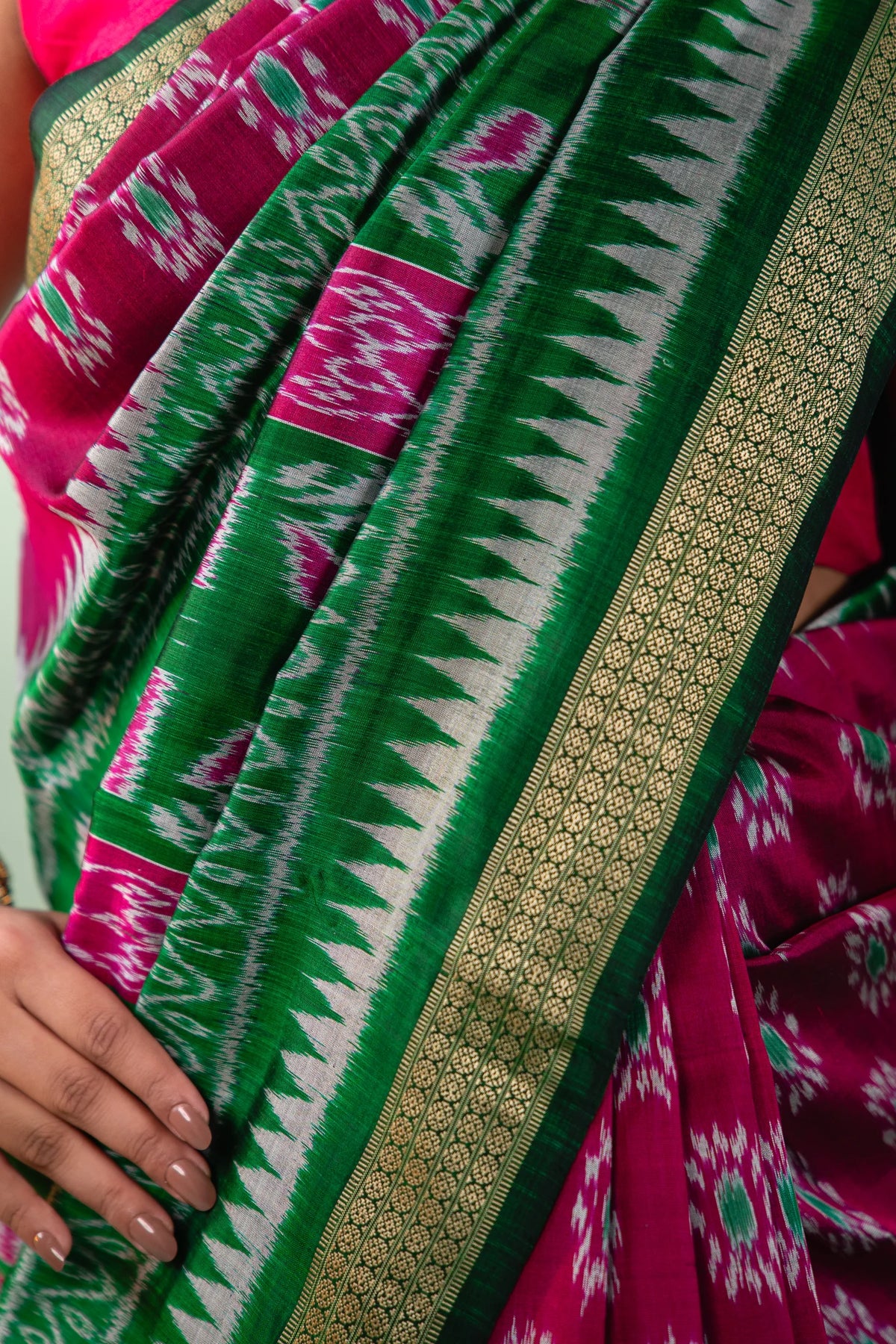 Magenta Emerald Temple Border Khandua Silk Saree