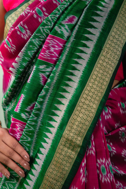 Magenta Emerald Temple Border Khandua Silk Saree
