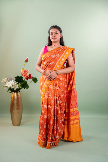 Rust Orange Mustard Floral Khandua Silk Saree