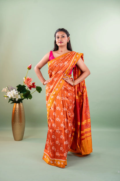 Rust Orange Mustard Floral Khandua Silk Saree