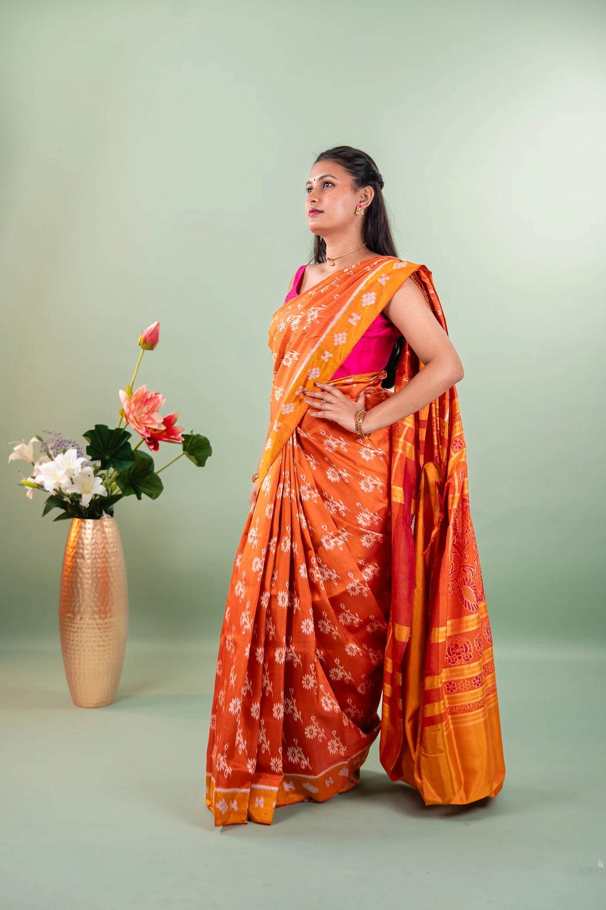 Rust Orange Mustard Floral Khandua Silk Saree