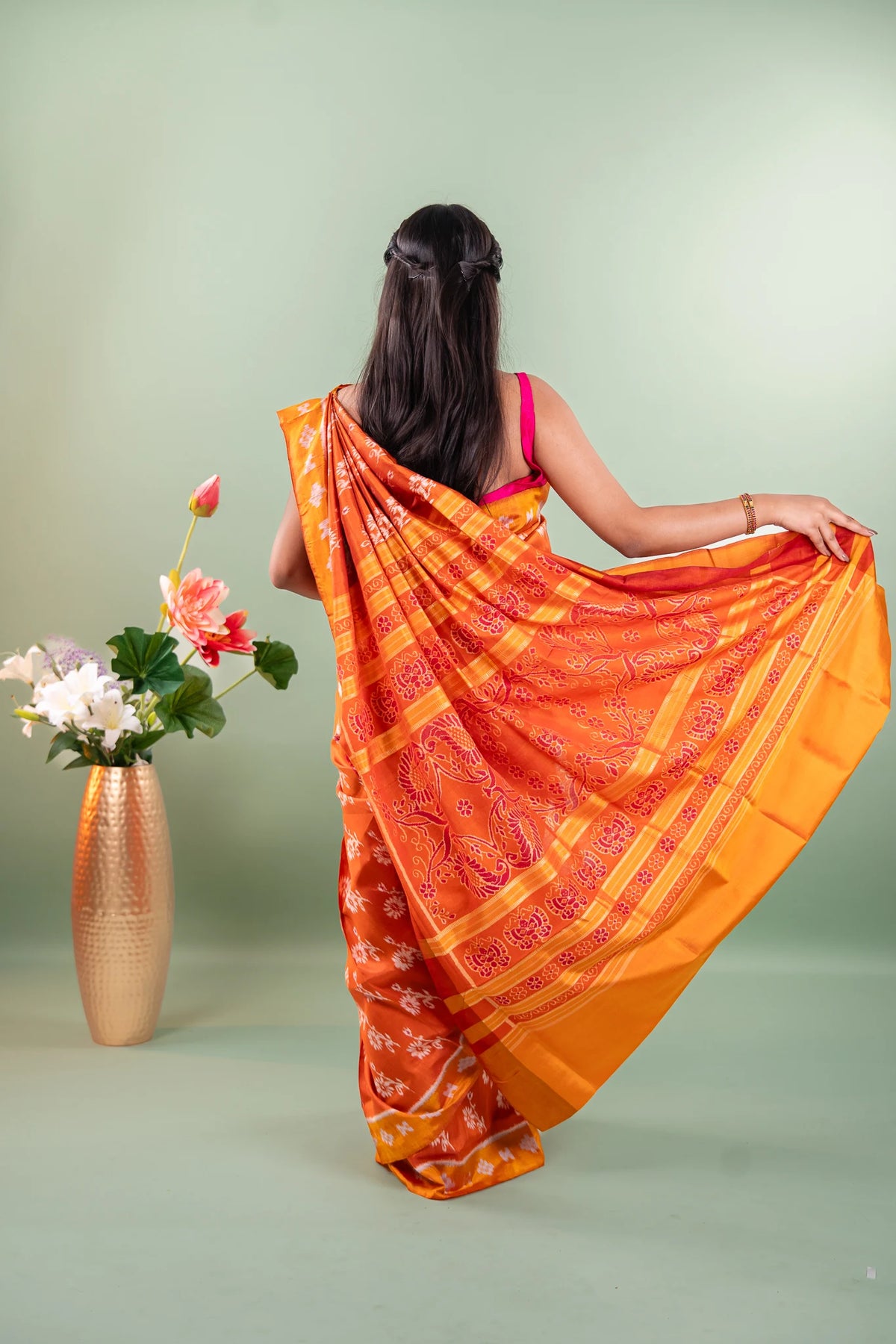 Rust Orange Mustard Floral Khandua Silk Saree