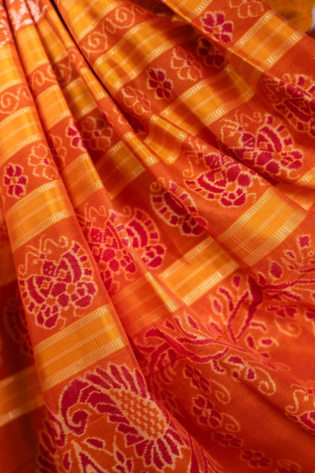 Rust Orange Mustard Floral Khandua Silk Saree