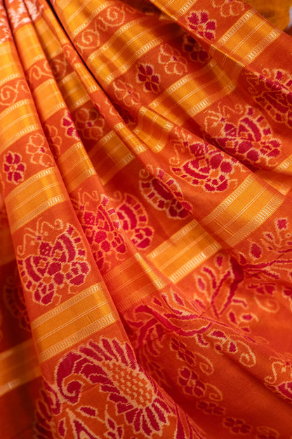 Rust Orange Mustard Floral Khandua Silk Saree