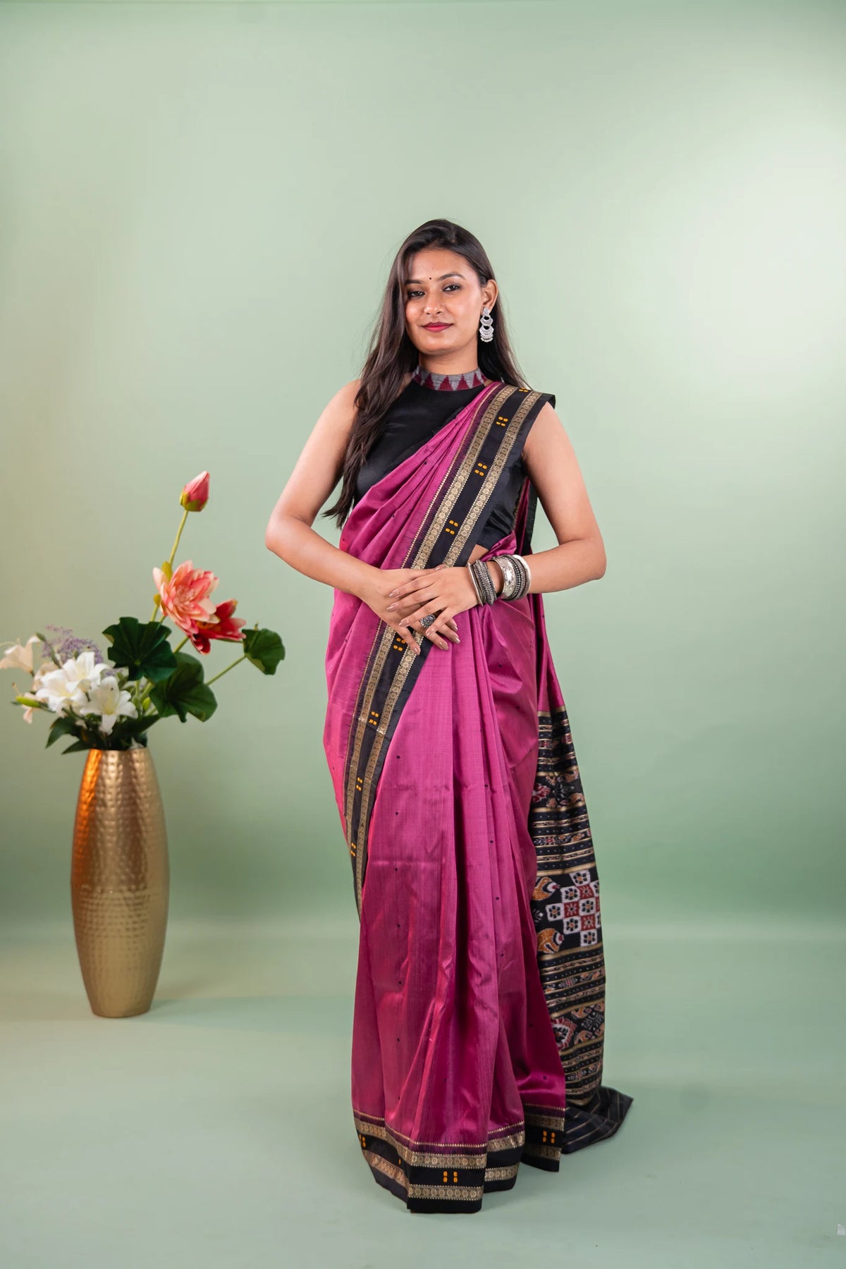 Magenta Black Booti Khandua Silk Saree