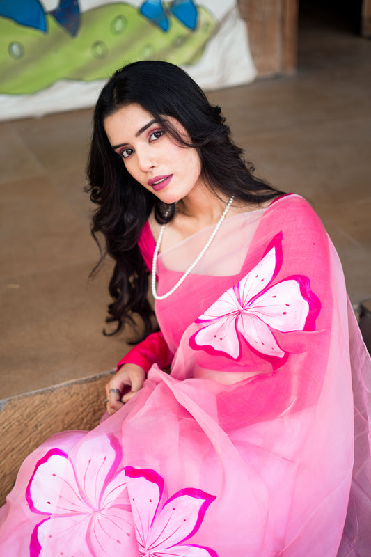 Carrot Pink Organza saree hand painted - Atulyakarigari