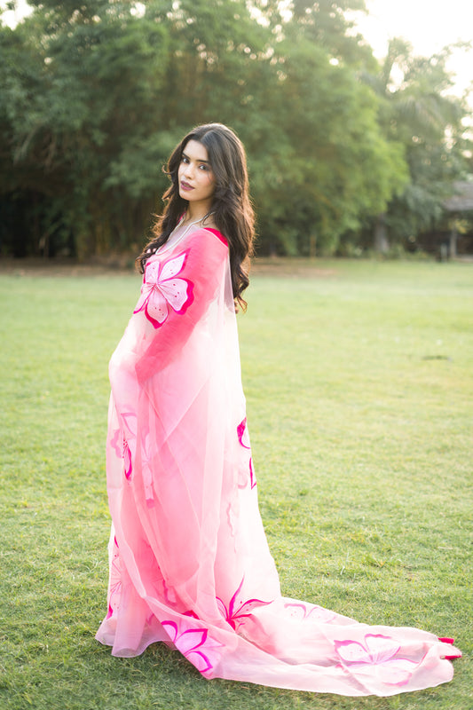 Carrot Pink Organza saree hand painted