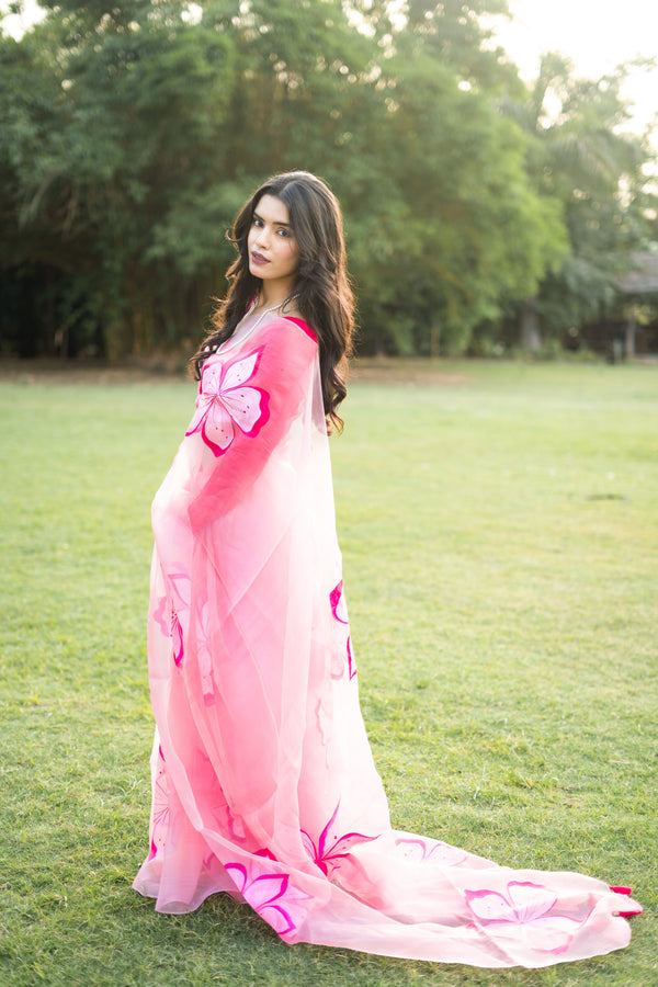 Carrot Pink Organza saree hand painted - Atulyakarigari