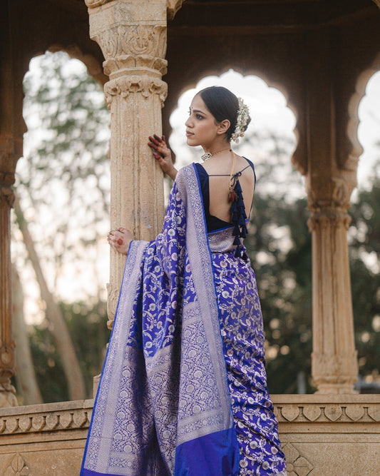 Banarasi Saree Blue-Hand woven - Atulyakarigari