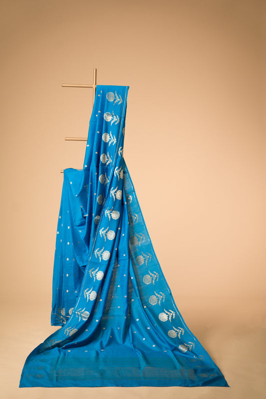 Dark Feroza Banarsi Cotton Silk Saree – Small Booti with Border
