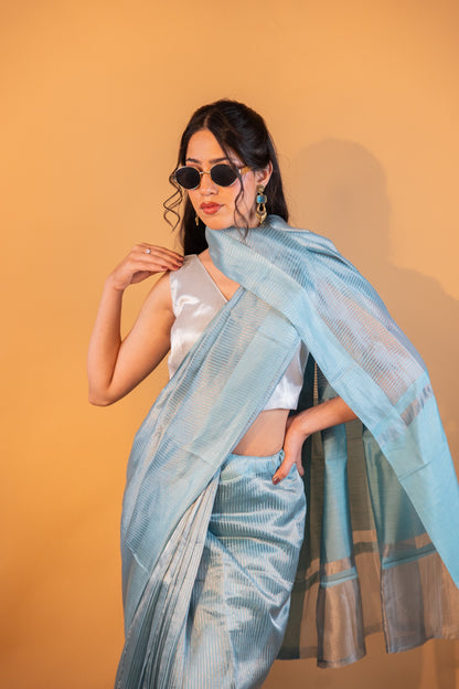 Blue Handwoven Pure Tissue Silk Saree - Atulyakarigari