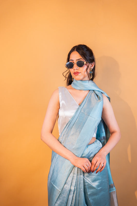 Blue Handwoven Pure Tissue Silk Saree - Atulyakarigari
