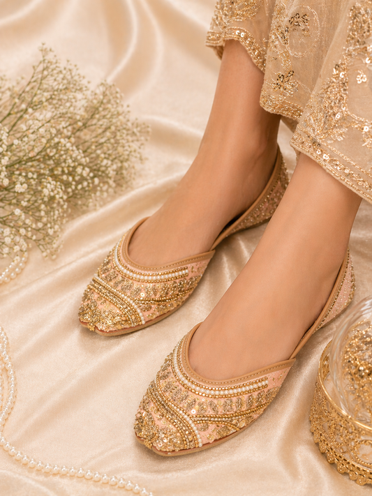 Blush Pink Gold Zari Embroidered Juttis
