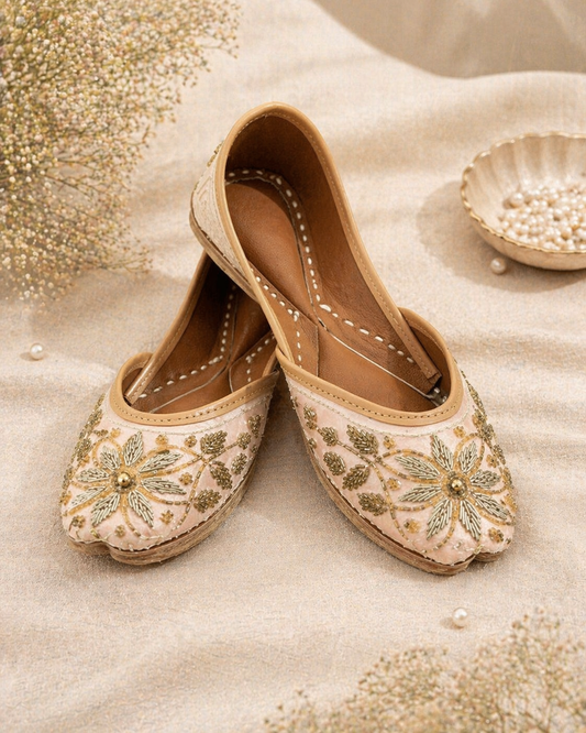 Blush Pink Gold Zari Sunflower Juttis
