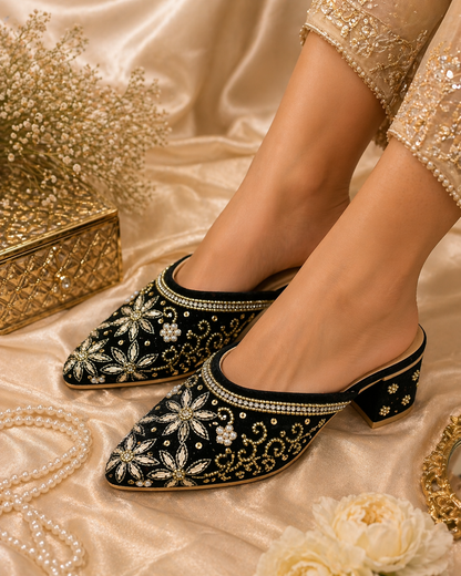Black Velvet Crystal Embellished Mules