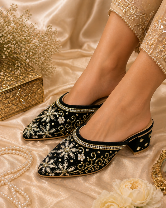 Black Velvet Crystal Embellished Mules