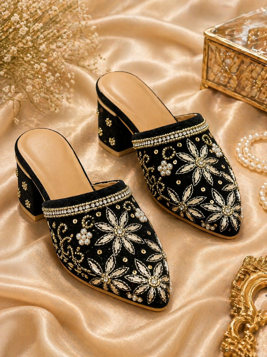 Black Velvet Crystal Embellished Mules