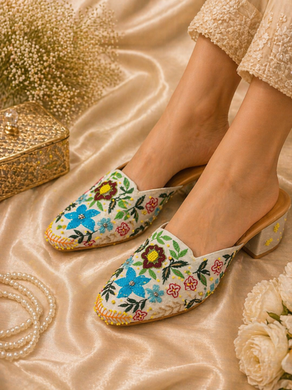Off-White Floral Embroidered Mules