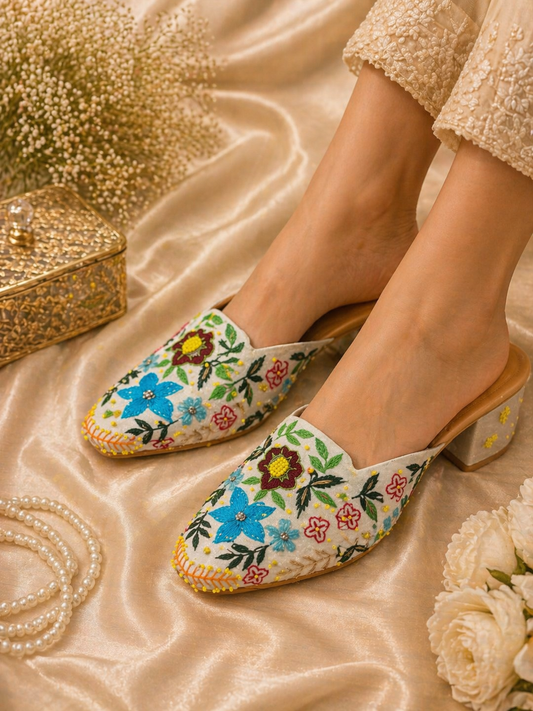 Off-White Floral Embroidered Mules