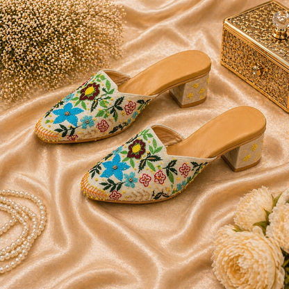 Off-White Floral Embroidered Mules