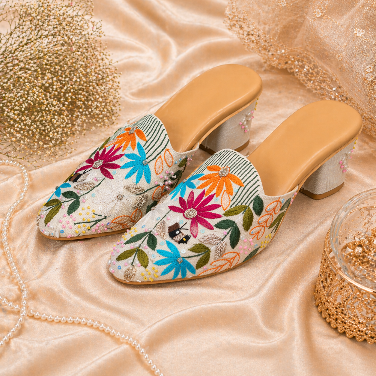 Colourful Floral Hand-Embroidered Mules