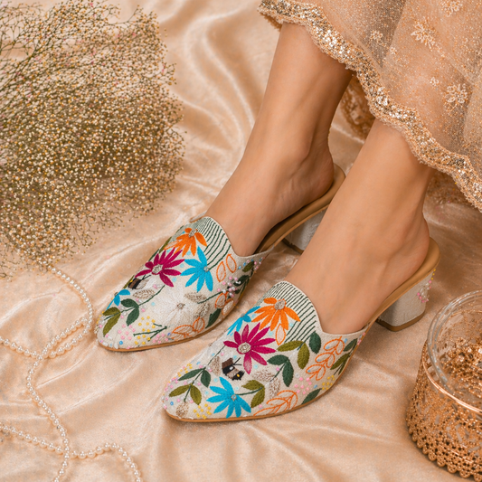 Colourful Floral Hand-Embroidered Mules