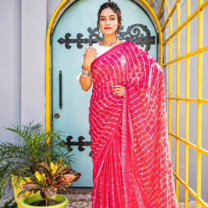 Vibrant Magenta Pink Lucknowi Chikankari & Bandhani Fusion Saree
