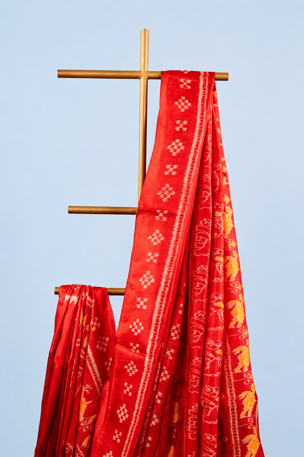 Crimson Red Khandua Silk Saree with Elephant & Deer Ikat Motifs | Odisha Handloom