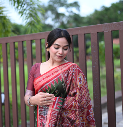 Olive Green Khandua Silk Saree with Ikat Buttis | Atulyakarigari